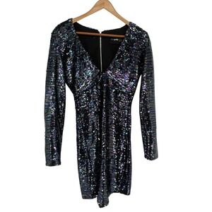 ASOS Petite Sequin Party Dress‎ Long Sleeve Mini Bodycon Iridescent Black Size 2